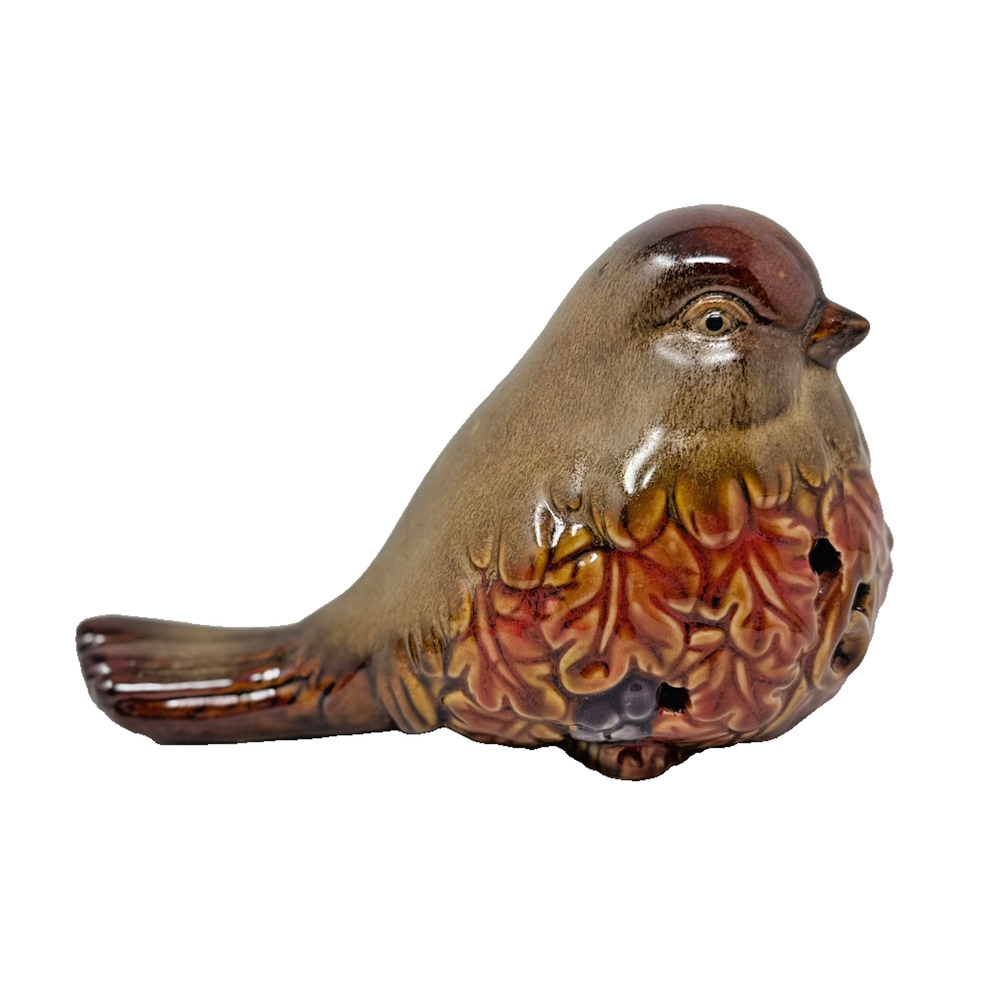 Vintage MCM Brown Ceramic Bird Figurine Embossed Autumn Leaf Motif